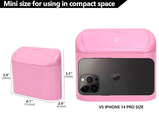 2 Pack Mini Car Trash Can with Lid, Small Car Garbage Can, Cute Leakproof ABS Trash Bin, Auto Accessories for Interior, Garbage Bin for Home, Office with 120pcs Trash Bags Pink