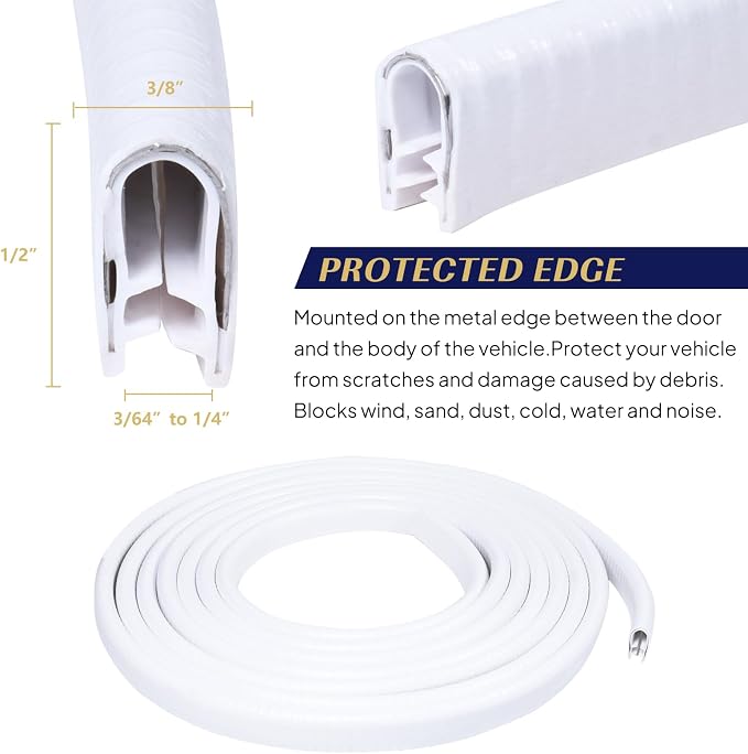 White Edge Trim 1/2" X 3/8" U-Channel Rubber Weatherstrip with Metal Fit Gap 3/64" to1/4 Car Door Edge Sealing Strip, PVC Weather Stripping Metal Edge Protector - 20Foot
