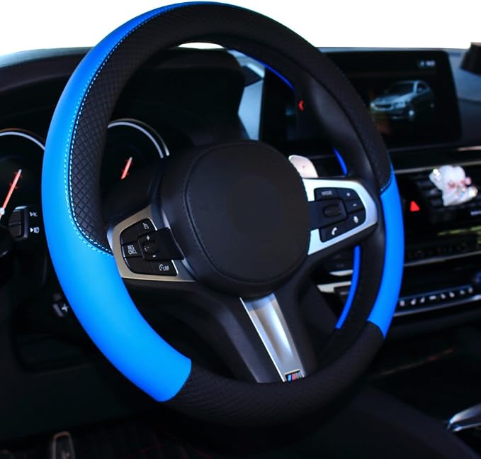 Car Steering Wheel Cover, Leather, Universal 15 Inch Fit, Anti-Slip & Odor-Free (Black&Blue)