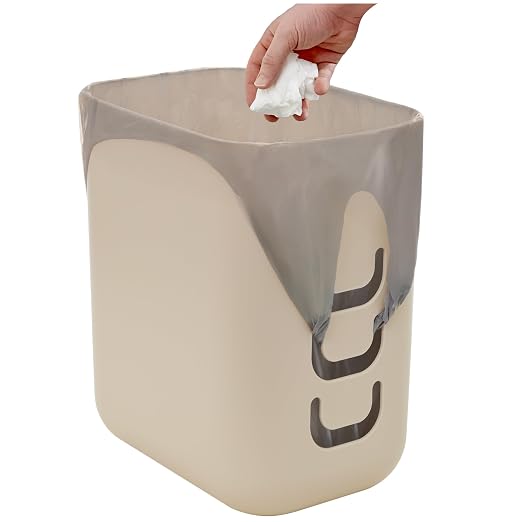 Luup Bathroom Wastebasket, Secure Grocery Bags, Plastic Garbage Container for Vanity, Laundry Room, Kitchen, Office, 2.5 Gallon, Beige, Made in USA