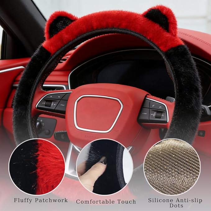 Fluffy Car Steering Wheel Cover with Keychain Fit 14-15 inch Black and Red | Cute Ears Steering Wheel Covers for Women Girls Universal Elastic Stretch Steering Wheel Protector Accessories