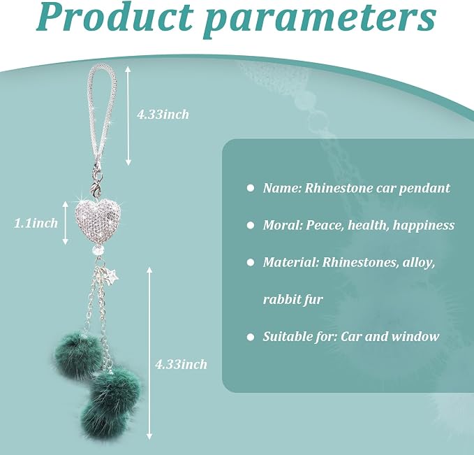 Bling Diamond Heart Car Interior Accessories, Car Mirror Hanging Ornament for Women, Love Heart & Pink Plush Ball Decor Ornament Pendant (Dark Green)