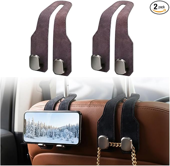 Car Seat Back Double Hook, 2026 New Car Headrest Hook, Multifunctional Headrest Hook for Convenient Storage, Auto Hooks Organizer for Handbag Purse Coat Bags，Brown：2