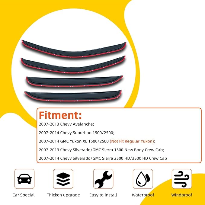 Window Visor Rain Guards Compatible with 2007-2014 Chevy Silverado Sierra GMC Yukon XL Suburban Avalanche 1500 2500 3500HD Crew Cab Tape-On Wind Deflector Vent Visor for Trucks 4 Piece