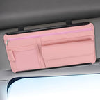 Car Visor Organizer, Leather Multi-Pocket Auto Sun Visor Storage Pouch with Sunglasses Holder, Card Holder, Zipper Pocket, Net Pocket, Pen Slot, Universal Interior Car Accessories (Pink)