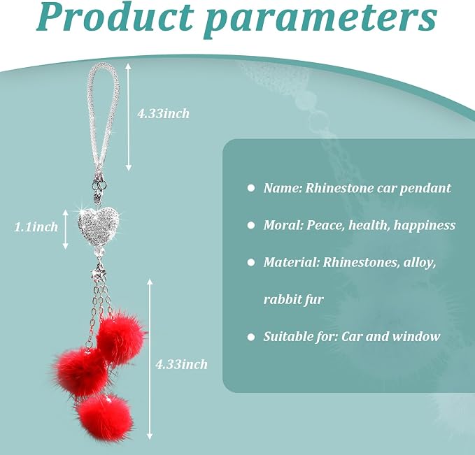 Bling Diamond Heart Interior Accessories, Mirror Hanging Ornament for Women, Love Heart & Pink Plush Ball Decor Pendant, Car Decoration Charm (Red)