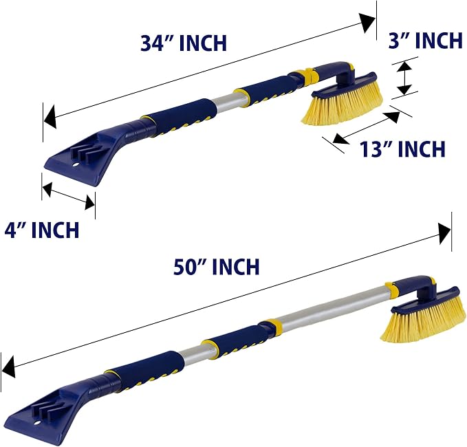 Snow Brush for Car Windshield – Ice Scraper with 34-50” Hybrid Extendable Handle Ergonomic Multi-Tool Detachable Swivel Head Non-Slip Foam Grip Heavy Duty Snow Remover for SUV, Truck