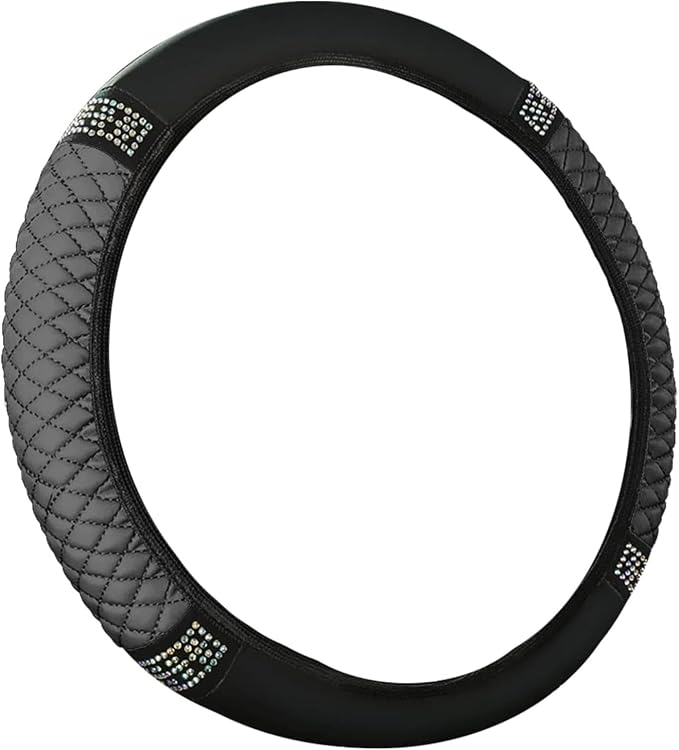 Bling Car Steering Wheel Cover, 15 Inch Rhinestones Soft Leather Elastic Steering Wheel Protector, Sparkly Crystal Diamond for Women, Car Interior Accessories for Most Cars (Grey)