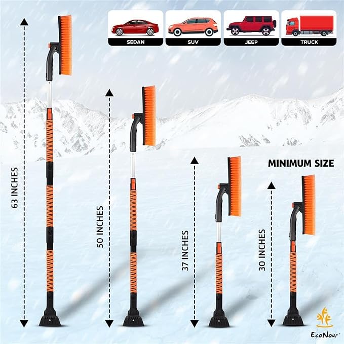 63" Extendable Snow Brush & Ice Scraper with 360° Pivoting Head | Telescopic Aluminum Handle | Extra Long Snow Brush for Car Windshield, Roof & SUVs | Heavy Duty Ice Scraper for Trucks