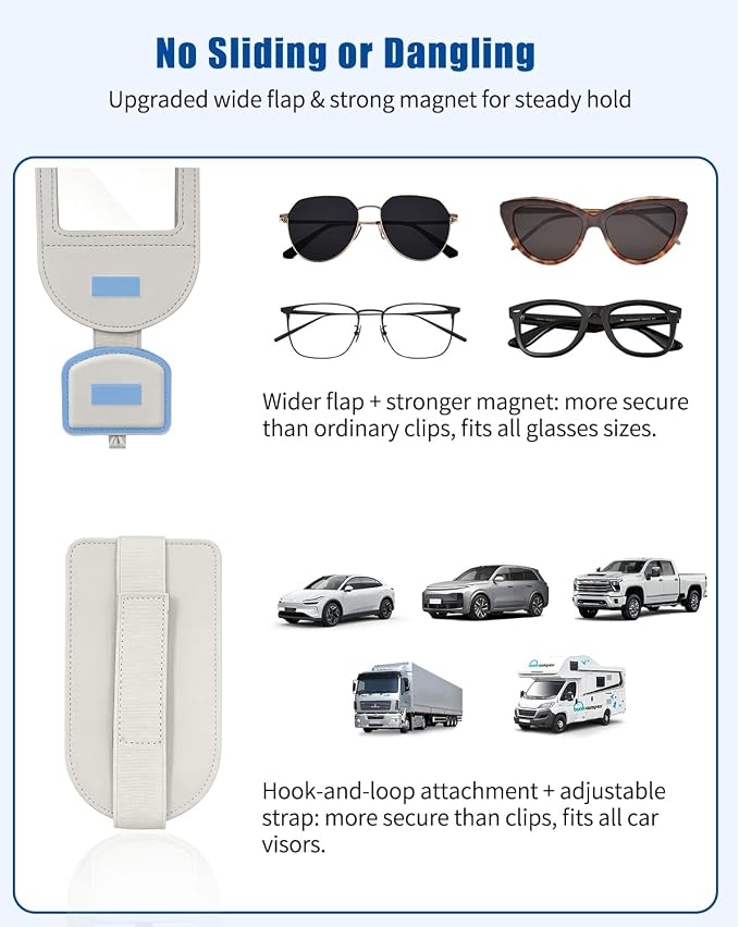 Car Visor Sunglasses Holder, 3 in 1 Glasses Clip with Photo Picture Display & Extra Storage Pocket, Anti-Slip Universal Sun Visor Organizer, 2026 Upgraded (2, Off-White)
