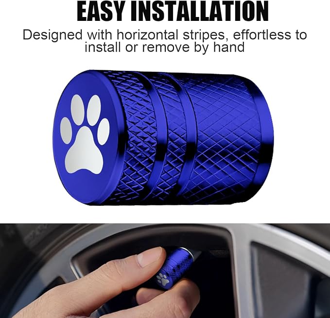 Tire Valve Stem Caps - (4 Pack) Cat Paw Print Metal Air Caps with Plastic Liner, Durable, Corrosion Resistant and Leak-Proof, Universal Fit for Cars, Trucks, Motorcycles, and Bikes - Blue