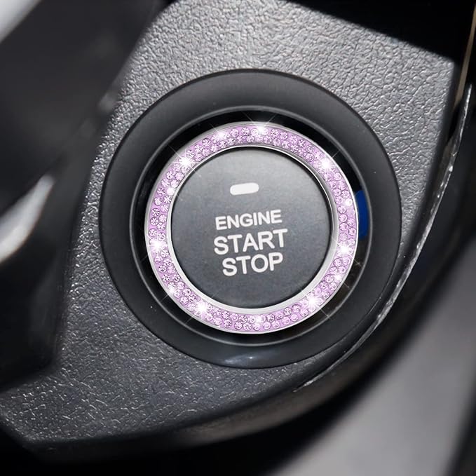 Car Bling Crystal Rhinestone Engine Start Ring Decals, 2 Pack Car Push Start Button Cover/Sticker, Key Ignition Knob Bling Ring, Sparkling Car Interior Accessories(Double Light Purple)