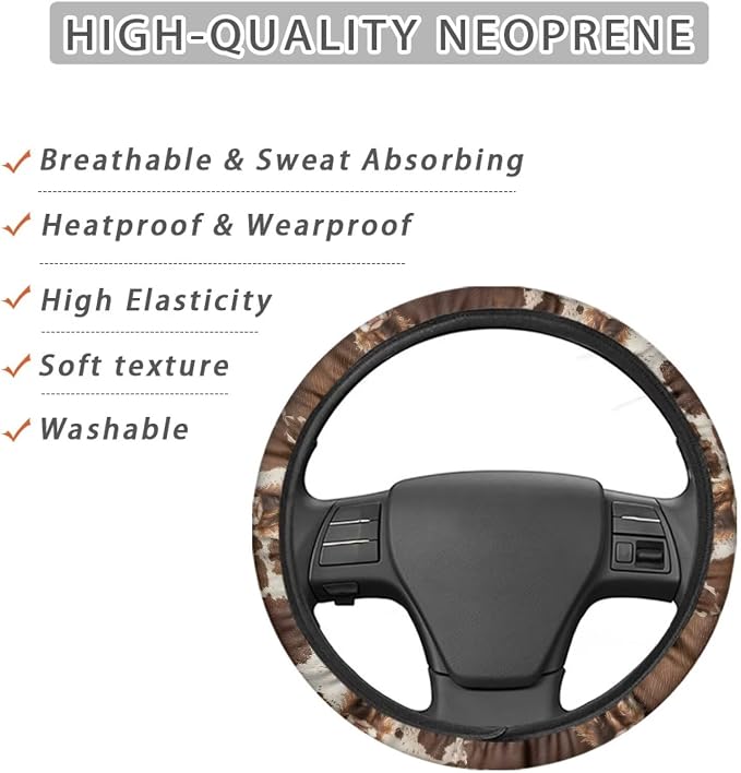 Retro Brown Sunflower Cow Pattern Wear-Resistant Steering Wheel Cover Fit for 15 inches Car Wheel Protector Automotive Accessories Universal Fit Car Van SUV Truck