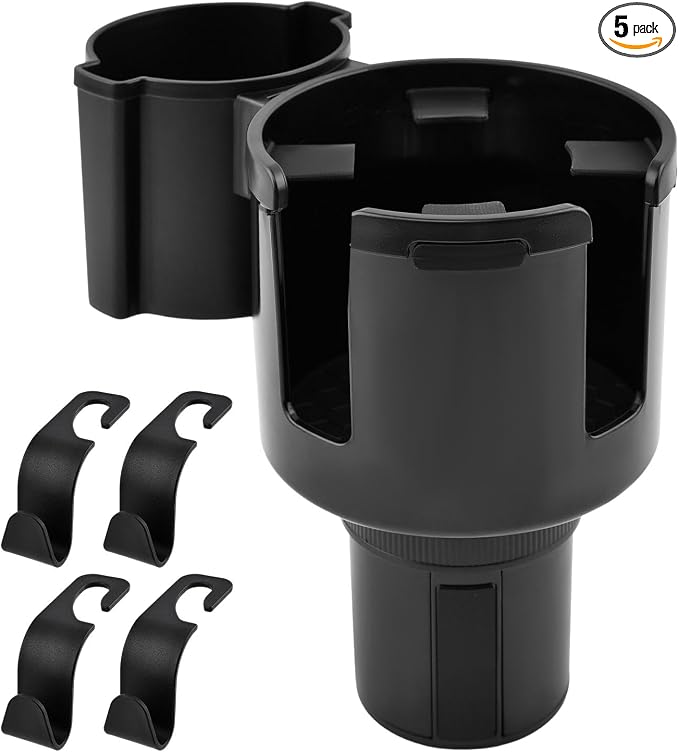 1 Pack Car Cup Holder Expander 2 in 1 Adapter with Expandable Base, Car-Seat Headrest Hook 4 Pack Hanger Storage Organizer fit Universal Vehicle Car Mugs in 2.2"-4.2" (10-48oz)