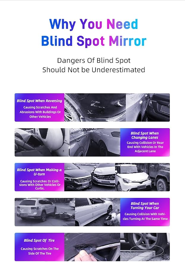 Blind Spot Mirror for Car, Stick-On Blind Side Mirror for Cars, SUVs & Trucks, Adjustable HD Glass Convex Wide-Angle Blindspot Mirrors