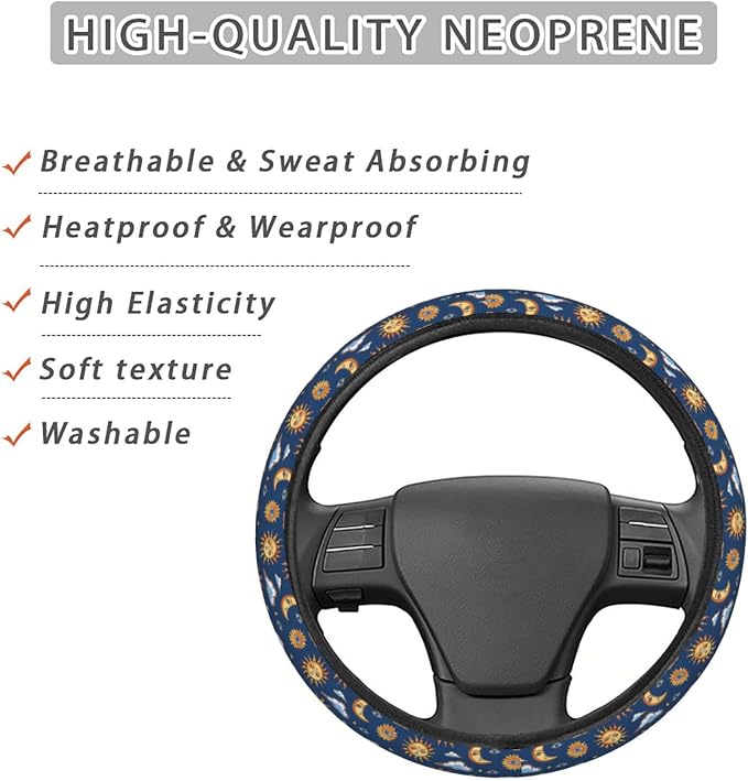 Sun and Moons Clouds Stars Eyes Steering Wheel Covers Anti-Slip Elasticity Car Accessories Steering Wheel Protector Universal 15 Inch for Cars SUV Vehicle Truck