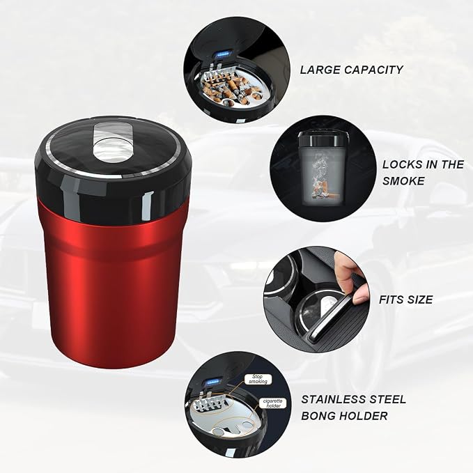 Car Ashtray with Lid, Easy Clean Up Detachable Smokeless Ashtray with LED Blue Light, Portable Mini Ash Tray Cup Holder for Car Home Office Travel, Interior Auto Accessories (Red, Larger)