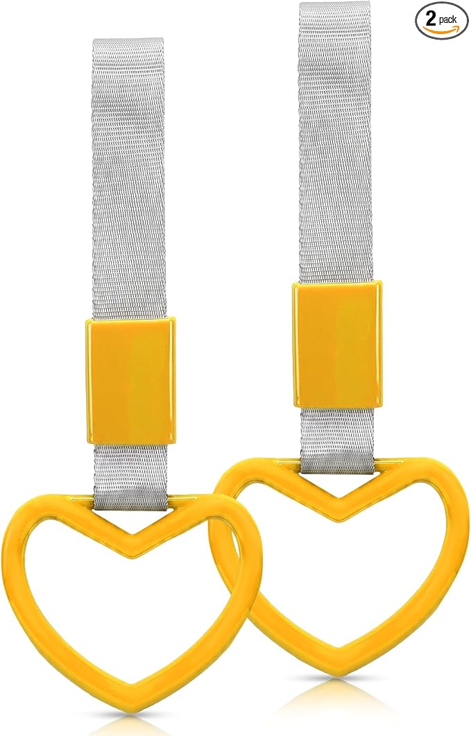 2 Pcs Heart Shaped Car Handle Strap – JD M Drift Charm Rear Bumper Warning Ring Decor for Car Interior Exterior, Subway Bus Handle Accessory, Cute Heart Car Decor Gift for Drivers (Yellow-Silver)