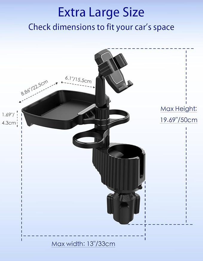 Car Cup Holder Tray - 5 in 1 Adjustable Car Cup Holder Expander with Food Tray Table and Phone Mount for All Purpose, Automotive Essentials for Driver and Front Passenger