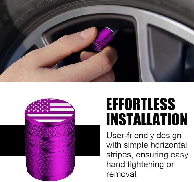 American Flag Tire Valve Stem Caps - (5 Pack) Metal Air Caps with Plastic Liner, Corrosion Resistant, Leak-Proof, Universal Stem Covers for Cars Trucks Motorcycles and Bikes - Purple