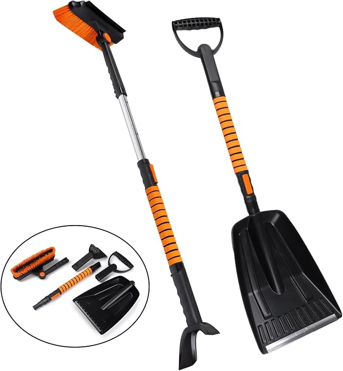 ABS Aluminum 41" Snow Brush Ice Scraper with Snow Shovel 4-in1, Foam Grip, Orange Black, Extendable Handle, 180° Pivoting Head w/Wiper Blade, for Car Truck SUV Winter Christmas Home Use