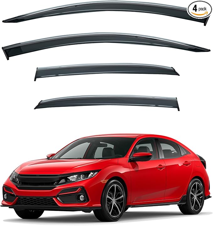 4pcs JDM Vent Window Visors Compatible with Civic Hatchback 2017-2021 Only,Outside Mount Style Sun Rain Guard,Smoke Tint with Chrome Trim