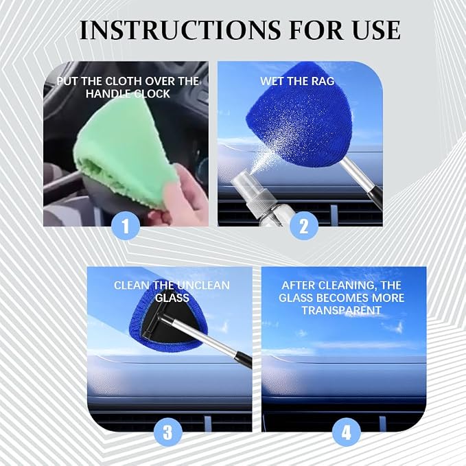 19" Extra-Long Windshield Cleaner Tool, Auto Glass Wiper Brush Kit | Car Interior Detailing Cleaning Kit with Extendable Handle and 4 Reusable Microfiber Pads, Car Window Cleaner, for Cars