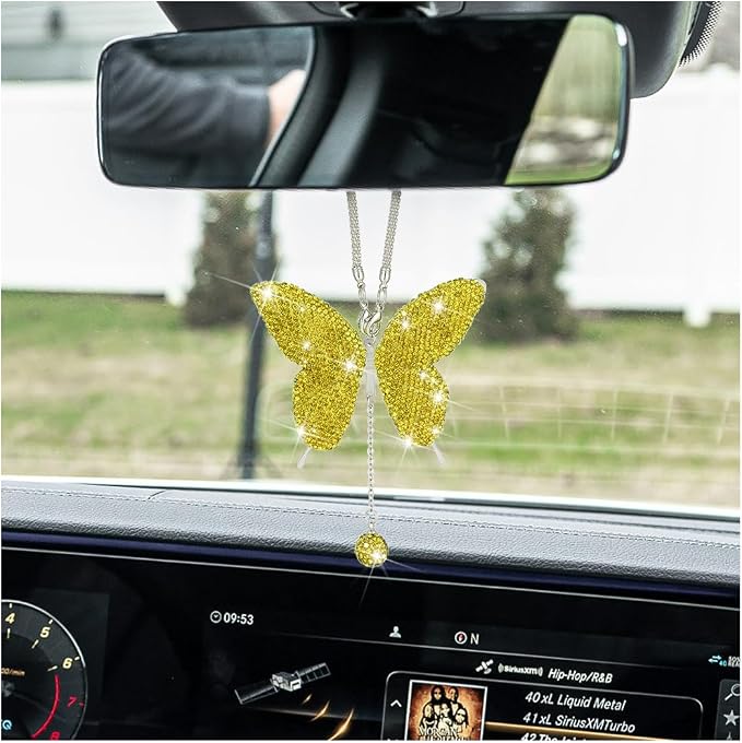 Bling Butterfly Diamond Car Accessories, Crystal Car Rear View Mirror Charms for Women, Car Decoration Lucky Gifts Hanging Interior Crystal Ornament Pendant Decor for All Cars (Yellow)