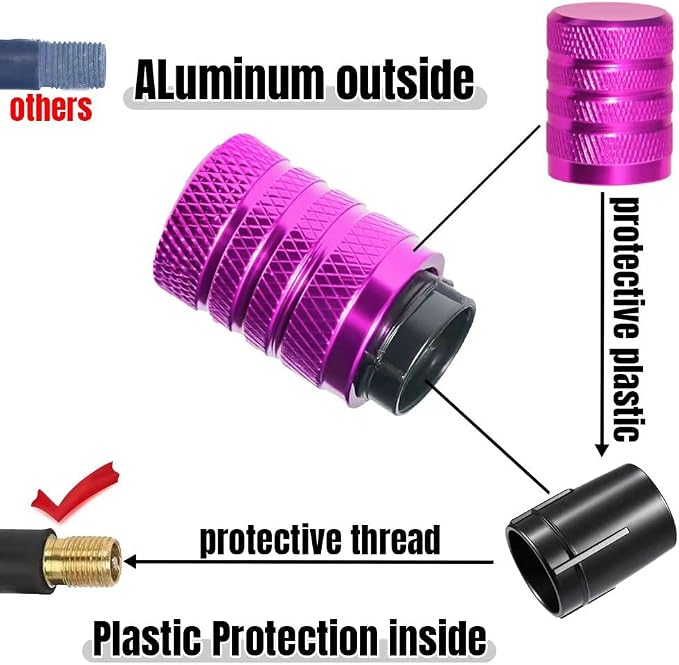 4-Piece Anodized Aluminum-Plastic Composite Tire Valve Stem Caps with Integrated Plastic Sleeve,Corrosion-Resistant and Universal Fit,Suitable for Cars, Trucks, and Motorcycles (Pink)