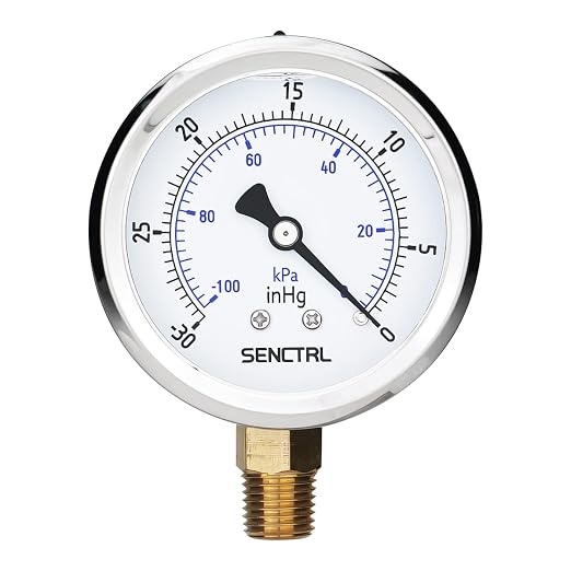 30 inHg Vacuum Silicone Oil Liquid Filled Low Pressure Gauge, 2.5" Dial Size, 1/4" NPT Lower Mount, Stainless Steel Case, for Air Conditioning Manifolds, HVAC, Air Pump Vacuum Test