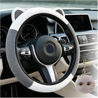 Steering Wheel Cover with Ears Keychain Fit 14-15 inch White Gray | Cute Car Steering Wheel Covers for Women Girls Elastic Breathable Steering Wheel Protector Accessories Universal Size