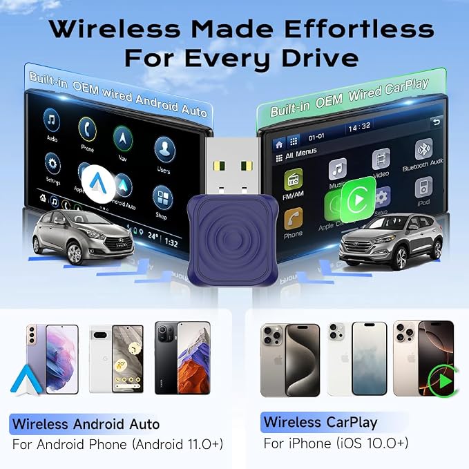 Mini Ultra Wireless CarPlay & Android Auto Adapter - Plug & Play Dongle for iPhone & Android, Convert Wired to Wireless, USB-A/USB-C Fast Connection, Compatible with OEM Wired Cars