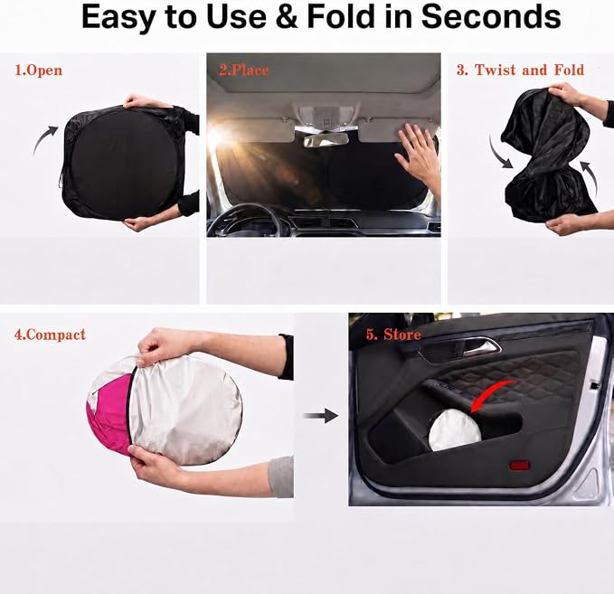 Car Windshield Sun Shade, Universal Fit Compact Sedan SUV, Cute Pink | 59 x 27.5" Car Sun Visor, Foldable Front Window Sunshade, UV Heat Protection, Cute Eyes Series