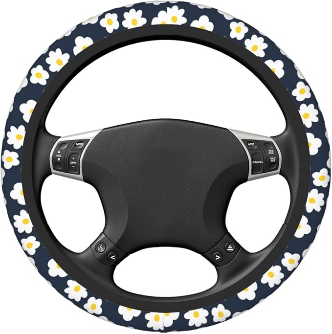 Cartoon Daisy Flower Elastic Steering Wheel Cover Non-Slip Breathable Steering Wheel Protector Fit Auto, SUVs, Truck