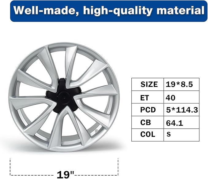 New 19x8.5" 19 Inch Premium Aluminum Alloy Wheel Rim Compatible with Model 3 2017-2023 | OEM Design, Alloy Replacement Wheel, Super Duty Car Rims Replacement - OE Stock Specs, Shiny Silver