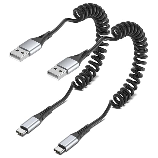 Coiled USB C Cable, 2 Pack USB Type C Coiled Cable for Car Short USB C Retractable Cable for iPhone 15 Pro Max, Samsung Galaxy S23 S22, Moto G8, Google Pixel, USB C Carplay Cord for Android Auto