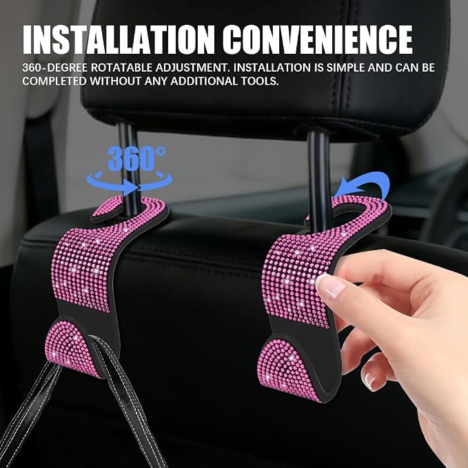 4PCS Bling Car Seat Headrest Hooks, Purse Holder for Car, Vehicle Back Seat Purse Handbag Hanging Holder with Crystal Rhinestone, Diamond Car Rear Seat Organizer for Vehicles (Pink/Black)