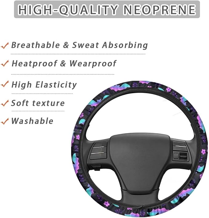 Halloween Steering Wheel Cover for Cars Universal Fit 14 to 15 inch | Bat Flower Print, Universal Stretch-on Fabric, Keep Warm Steering Wheel Protector for Women