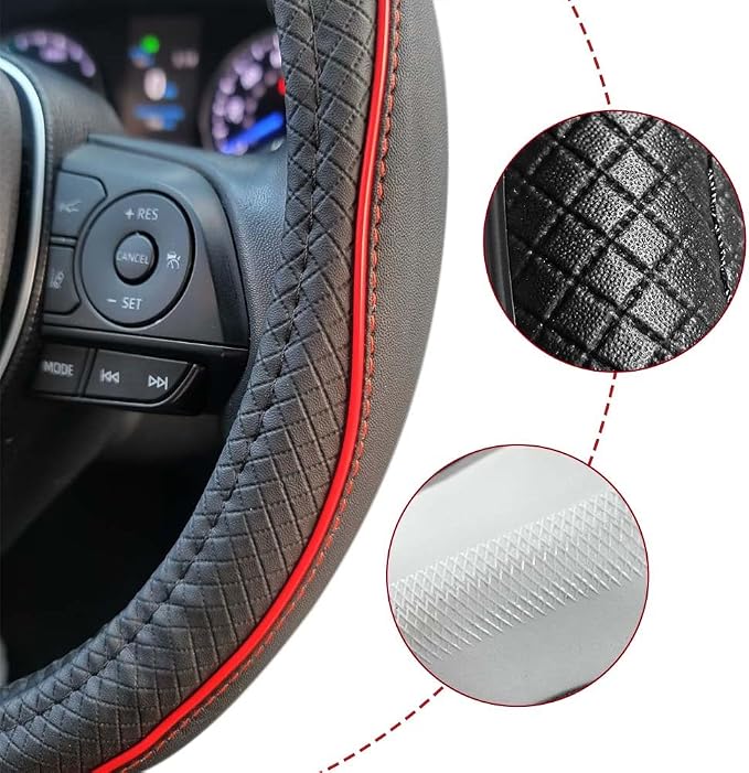 Car Steering Wheel Cover, Durable Leather Cover with Anti-Slip Lining, Breathable Auto Wheel Cover Protector, Universal 15 Inch Anti-Slip Steering Wheels for Men & Women (Black Red)