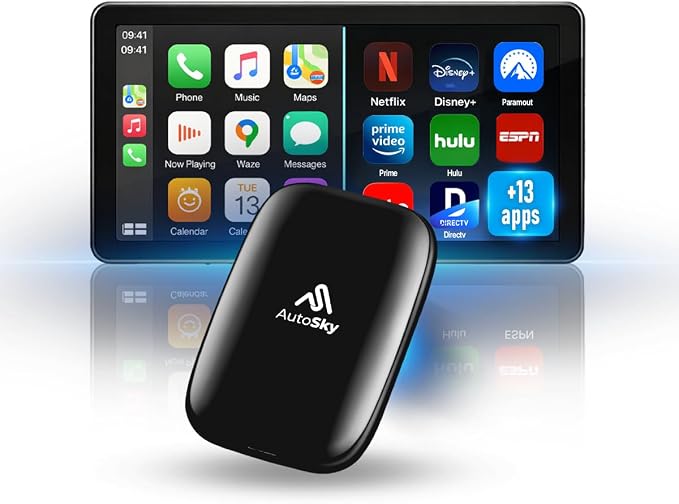 Wireless Car Video AI Box Flex – Stream Netflix, Hulu, Prime Video, Disney+, ESPN & 13+ Apps on Factory Screen, CarPlay & Android Auto Compatible, Plug & Play OEM Multimedia System