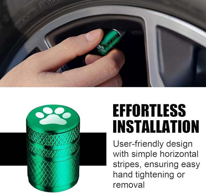 Tire Valve Stem Caps - (5 Pack) Metal Air Caps with Plastic Liner, Corrosion Resistant, Leak-Proof, Dog Cat Paw Universal Stem Covers for Cars Trucks Motorcycles and Bikes - Green