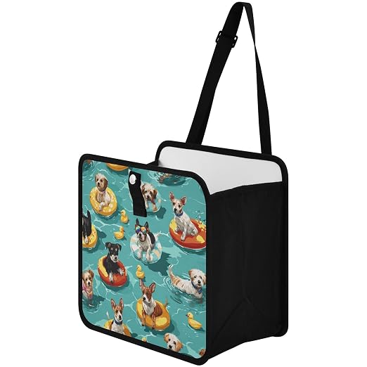 Car Trash Can Organizer Bin with Adjustable Strap for Back Front Seat Console Waterproof Leakproof Collapsible Portable 11 Inch Teal Swimming Pool Dogs and Ducks