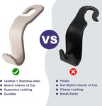Leather Car Hooks for Headrest - Fully Leather-Wrapped U-Shaped Purse Holder for Car, Flexible Seat Back Organizer & Durable Car Accessories for Purses, Bags, Coats & More (Beige, 2 Pack)