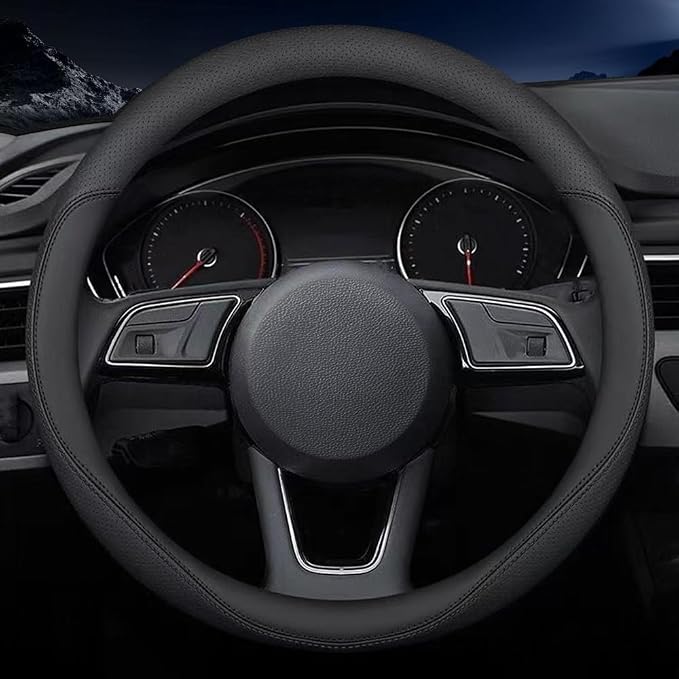 Latest Nappa Leather car Steering Wheel Cover, Stylish Non-Slip Leather car Interior 15 inches Universal（Black）