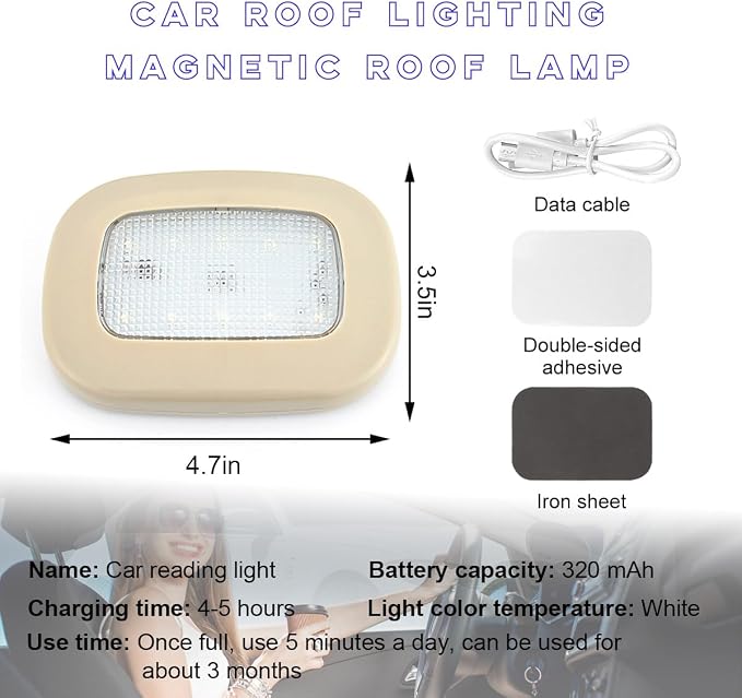 Car Interior Ceiling Roof Lights, Magnetic Rechargeable USB Wireless Dome Lamp, LED Auto Map Reading Light Cover for Insider Roof Ceiling, Universal Car Accessories (Beige)