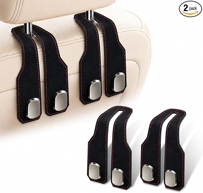 2Pcs Car Headrest Hooks with Premium Leather, Upgraded Double Metal Hooks with Anti-Drop Design, Universal Back Seat Hanger for Bags, Coats, Purses and Groceries (Stylish Black)