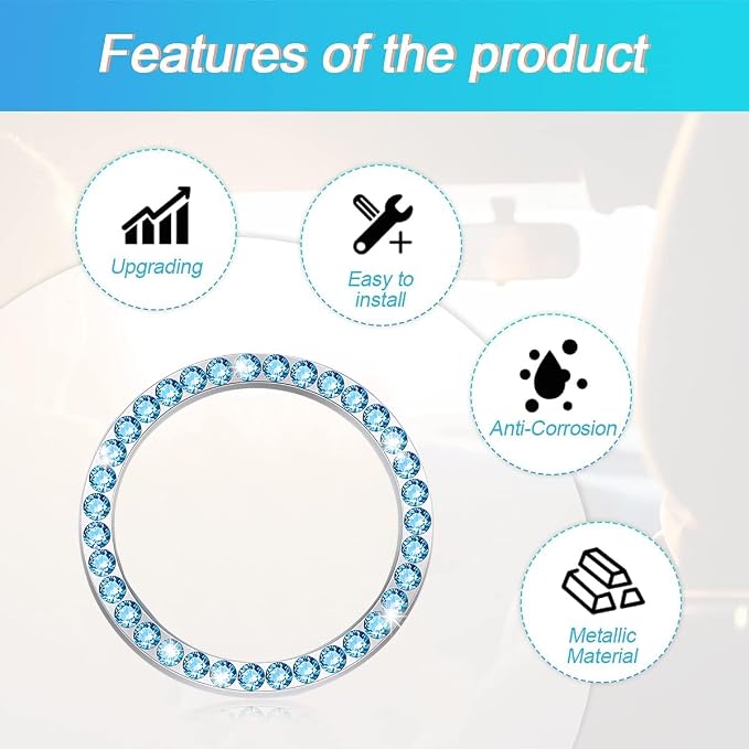 Bling Car Engine Start Ring Decals, 2PCS Crystal Rhinestone Vehicle Push Start Button Cover Sticker, Key Ignition Knob Ring, Sparkling Automotive Interior Accessories (Light Blue)