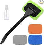 Car Windshield Cleaning Tool, Microfiber Auto Window Cleaner with 4 Cloth Pads & Long Handle, Reusable Window Cleaning Tool Kit for RV SUV Truck, Car Accessories (Green)