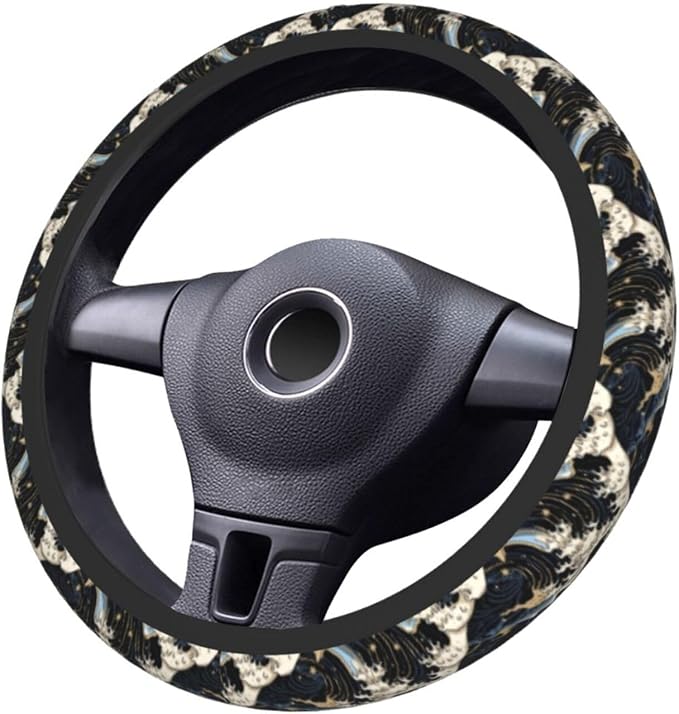 Japanese Wave Black Steering Wheel Cover Car Accessories Cute for Women Girls Girly Universal 15 Inch Neoprene Auto Interior Decor Anti Slip Car Truck Protector