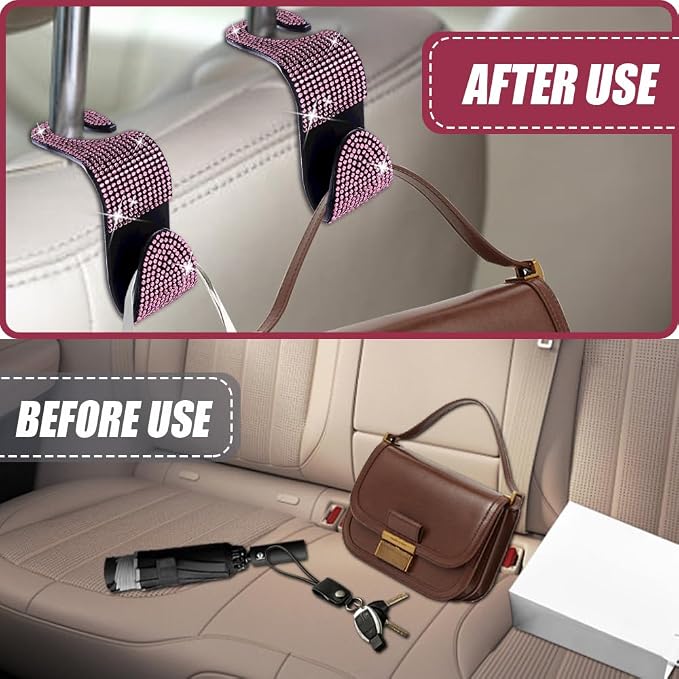 2 Pack Car Hooks, Bling Rhinestones Crystal Hooks, Auto Seat Back Organizers, Car Decorations Backseat Hanger, Car Seat Hooks Perfect for Holding Handbags, Clothes, Purses and Water Bottles